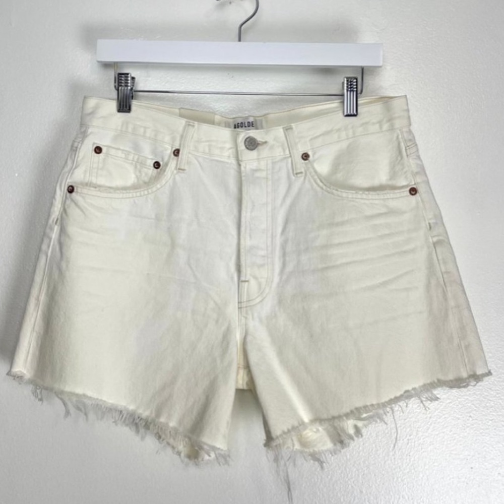 AGOLDE Parker High Waist Cutoff Denim Shorts Long in Wash Panna Cotta Size US 28